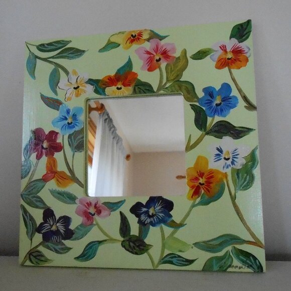 Green Floral Handpainted Framed Mirror 12" Square Beautiful! Very Unique. - Picture 1 of 2